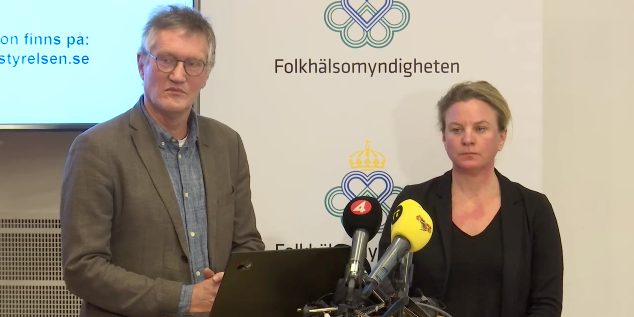 Anders Tegnell, statsepidemiolog och  Johanna Sandwall, krisberedskapschef på Socialstyrelsen på presskonferens om coronavirus covid-19. Foto: Shutterstock